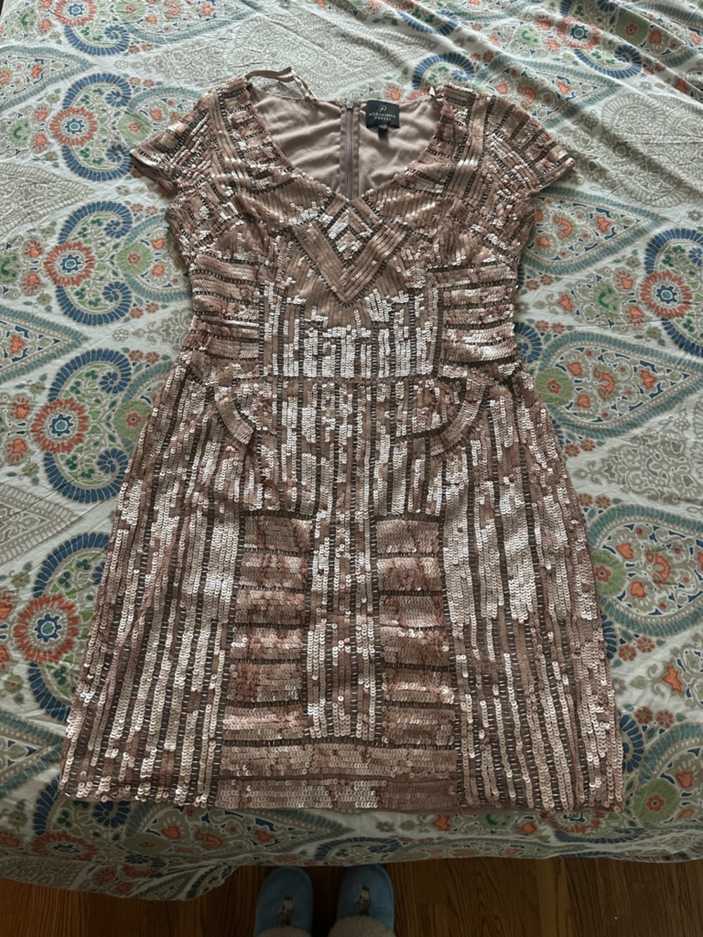 Adrianna Papell Rose Gold Sequin V-Neck Mini Dress